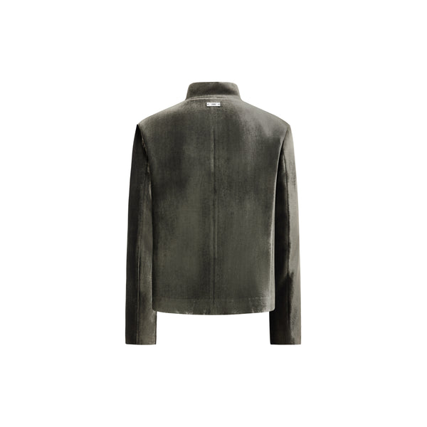 [RESET] VELVET STAND-COLLAR JACKET - DARK MOSS GREEN
