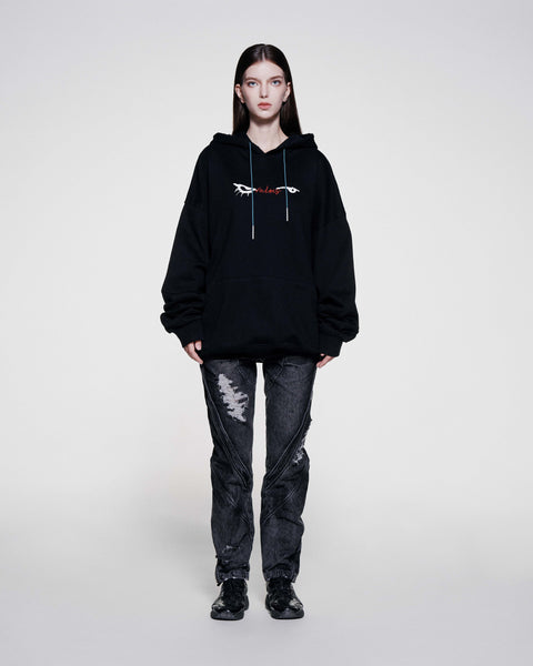 EYES EMB. LOGO DISTRESSED HOODIE - BLACK
