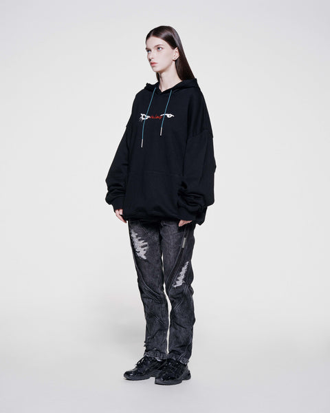 EYES EMB. LOGO DISTRESSED HOODIE - BLACK