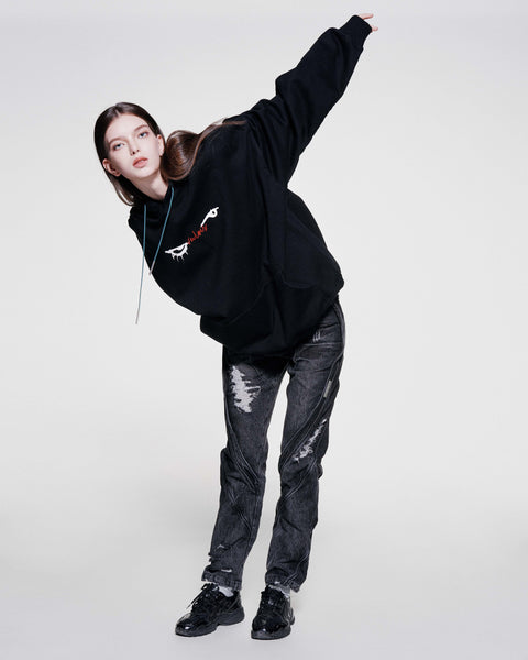 EYES EMB. LOGO DISTRESSED HOODIE - BLACK