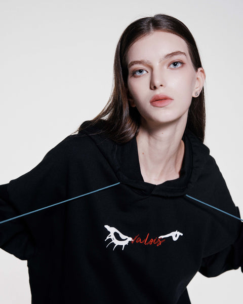 EYES EMB. LOGO DISTRESSED HOODIE - BLACK