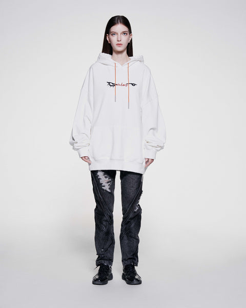 EYES EMB. LOGO DISTRESSED HOODIE - WHITE