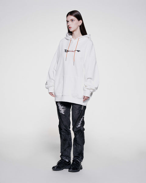 EYES EMB. LOGO DISTRESSED HOODIE - WHITE