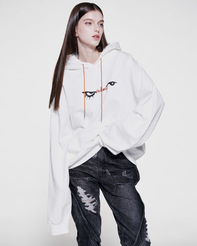 EYES EMB. LOGO DISTRESSED HOODIE - WHITE