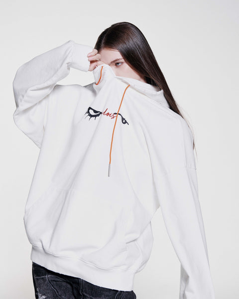 EYES EMB. LOGO DISTRESSED HOODIE - WHITE