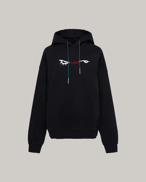 EYES EMB. LOGO DISTRESSED HOODIE - BLACK
