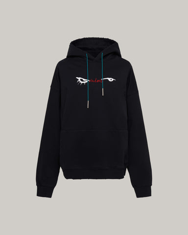 EYES EMB. LOGO DISTRESSED HOODIE - BLACK