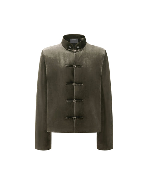 [RESET] VELVET STAND-COLLAR JACKET - DARK MOSS GREEN